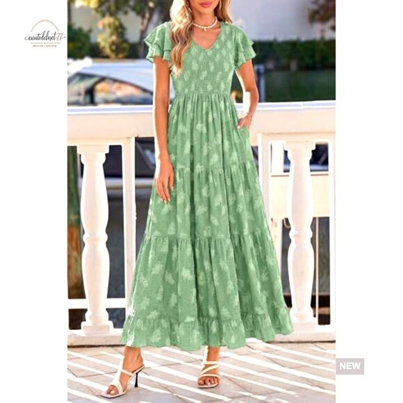 Maxi Dress with Ruffle Sleeves V Neck Smocked A Line Floral Boho Tiered Sundress - Picture 3 of 7